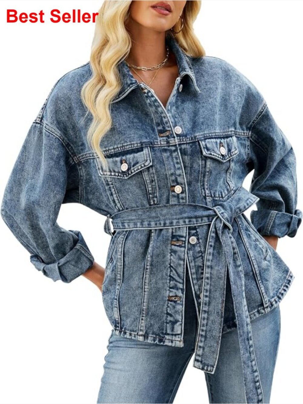 Oversized Long Sleeve Button Down Denim Jacket with Belt